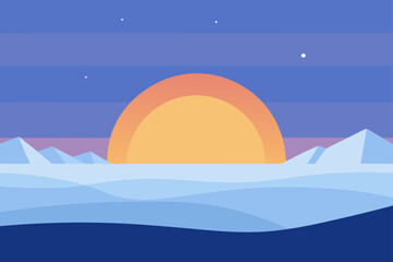 Stylized winter scene with vibrant sun over snow-covered mountains