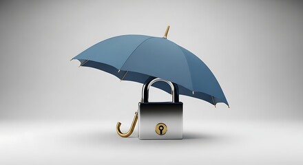 Security and Protection - Umbrella Shielding a Padlock on a White Background.