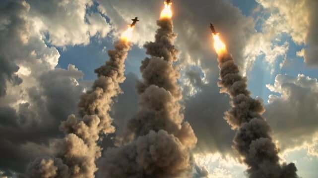 Military truck missile launcher fires  missiles into the sky