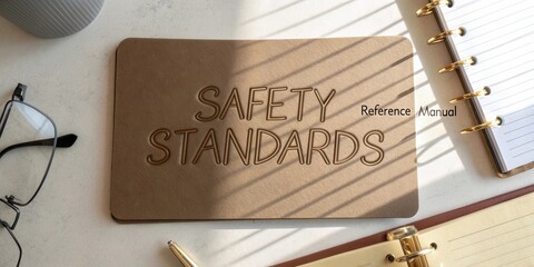 Safety Standards Manual on Desk with Glasses, Notebook, and Sunlight Shadows, Business Safety Compliance Concept