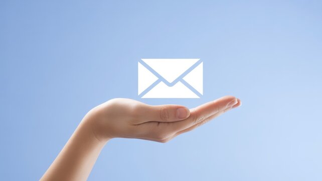 Digital Communication: A hand cradles a pristine email icon against a tranquil blue backdrop, representing the essence of modern communication and the ease of digital connection.