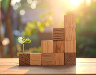 Wooden blocks creating a staircase with a small plant emerging