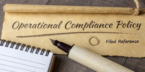 Detailed Overview of Operational Compliance Policy Document with Pen and Notepad on Wooden Background