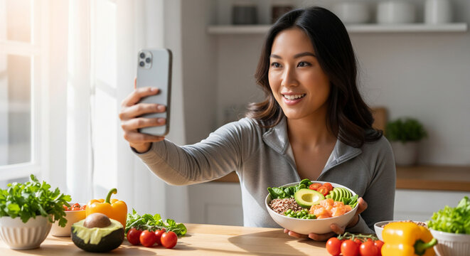 Happy Asian Woman Taking a Selfie with Her Healthy Poke Bowl in a Bright Kitchen