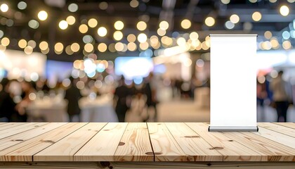 Wooden table with a blank banner in front of a blurry event