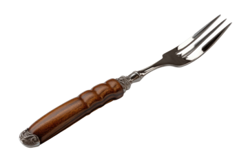 Ornate fork steel tines, carved wooden handle