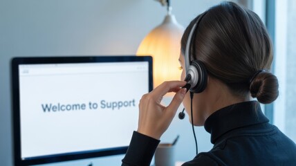 Customer Service: A dedicated agent provides support, focusing on her task in a modern office, embodying efficiency and attentiveness.