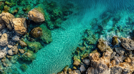top-down view of rocky coastline with turquoise clear water