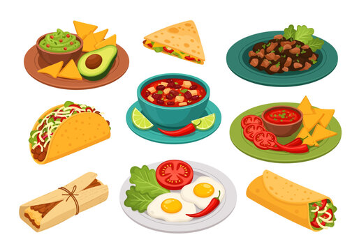 A colorful set of traditional Mexican food illustrations featuring tacos, burritos, spicy chili soup, fresh guacamole, tamales, and huevos rancheros, perfect for restaurant menus or culinary designs