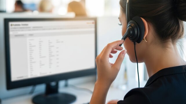 Efficient Communication: A focused customer service representative uses a headset while navigating through an interface on a computer, embodying efficiency and precision in a modern workplace setting.
