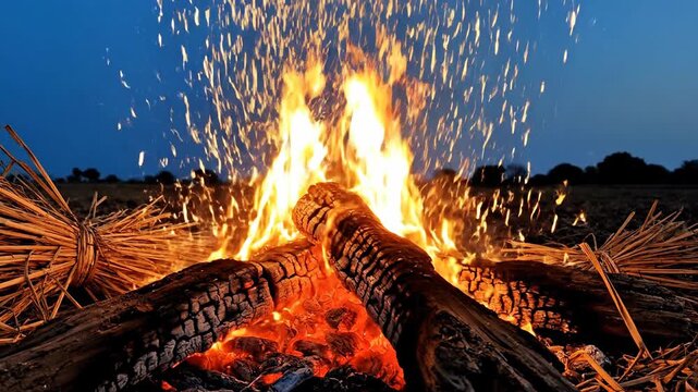 Vibrant Bonfire of Bhogi Pandigai, Capturing the Essence of Renewal and Tradition with Blazing Logs and Fiery Sparks