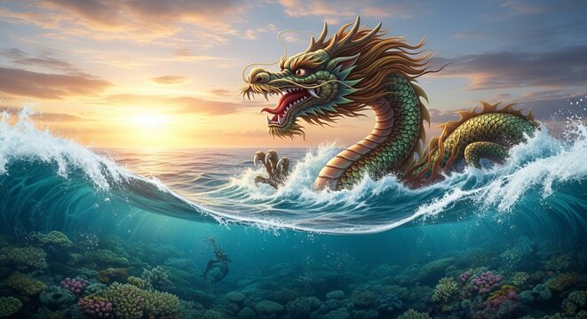 Mythical sea dragon emerging from ocean wave at sunset