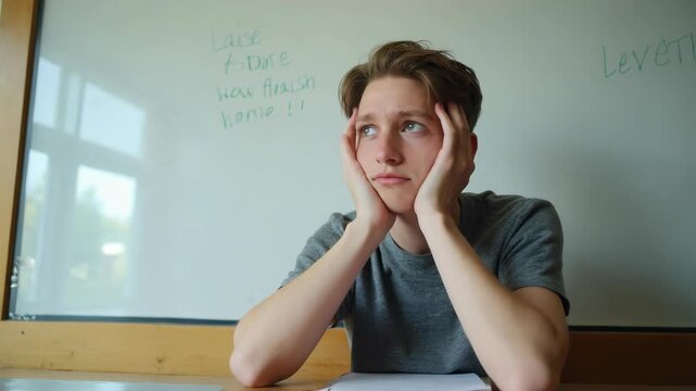 Young male student sitting at a desk in a classroom, looking stressed and overwhelmed. Hands on face, daydreaming or worrying about schoolwork near a whiteboard. bullying