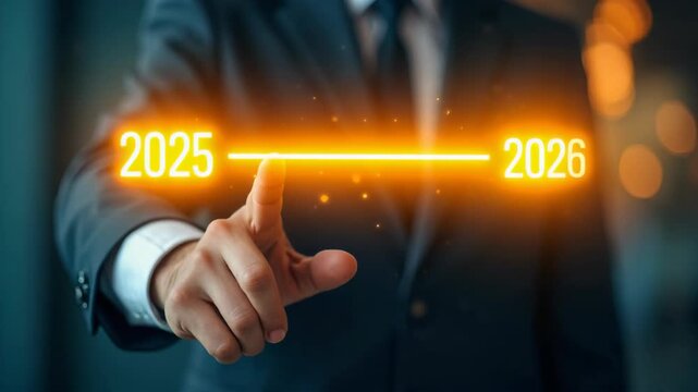 Progress and transition from 2025 to 2026 concept. A person pointing to loading bar transitioning from 2025 to 2026, progress, future planning, and new year goa.