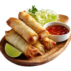 Fried spring rolls, sauce, greens, lime on wood plate