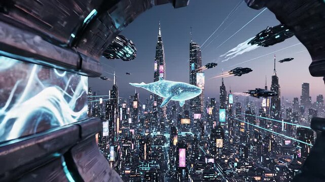 Futuristic cityscape with towering spaceship and sleek, neon lit skyscrapers sizzling in 4K UHD, capturing the limitless potential of technological innovation and forward thinking concepts.