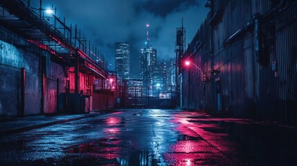 Naklejka premium Neon Reflections in a Wet City Alley at Night.