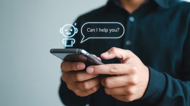 AI assistant on mobile: A close-up shot of a person's hands holding a smartphone, a thought bubble floating above, asking a question, indicating seamless, modern communication.