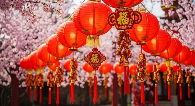 Row of red chinese lanterns hanging under blooming cherry blossom tree