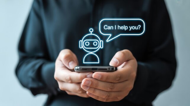 AI Chatbot Assistance: A close-up shot of a smartphone in a person's hands displays a friendly chatbot with a Can I help you? prompt.