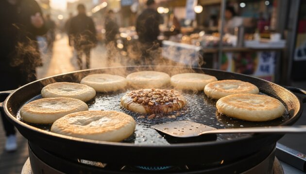 Korean Street Food - Hotteok Pancakes Cooking on a Griddle.
