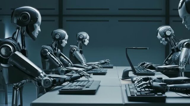 Metallic robots at desks, typing on keyboards, in a cool, minimalist room