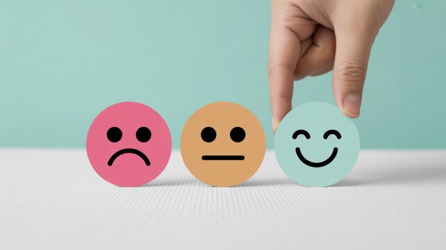 Navigating Emotions: A hand selects a happy face from a row of emotions, illustrating the choice of positivity over negativity. - Powered by Adobe