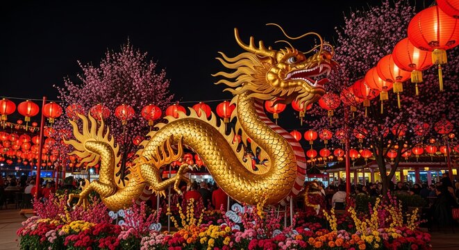 Golden chinese dragon decoration at night with red lantern and flower