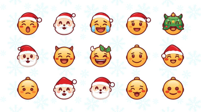 Festive emoji set features Christmas and holiday themes with expressive cartoon faces on white

