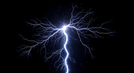Electric blue lightning strikes powerfully, illuminating the darkness in a dramatic burst of energy, perfect for a high-voltage concept or electrifying theme.