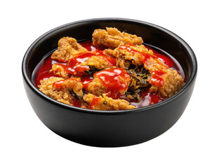 Fried chicken pieces with red sauce in a black bowl