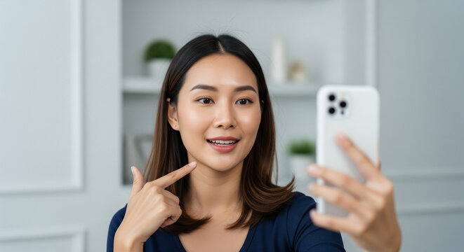 Smiling Young Woman Engaged in Video Call or Selfie with Smartphone