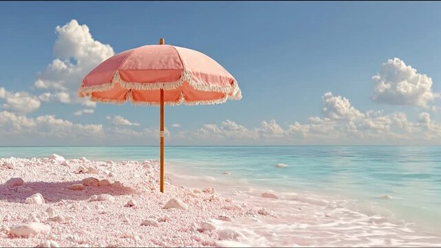 Pink parasol on beach with blue sky and ocean background