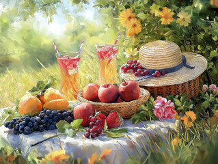 Relaxing Outdoor Picnic with Fruits Drinks and Light Summer Apparel
