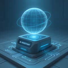 A glowing holographic sphere hovers above an AI assistant device, showcasing futuristic technology in a clean, high-tech environment.