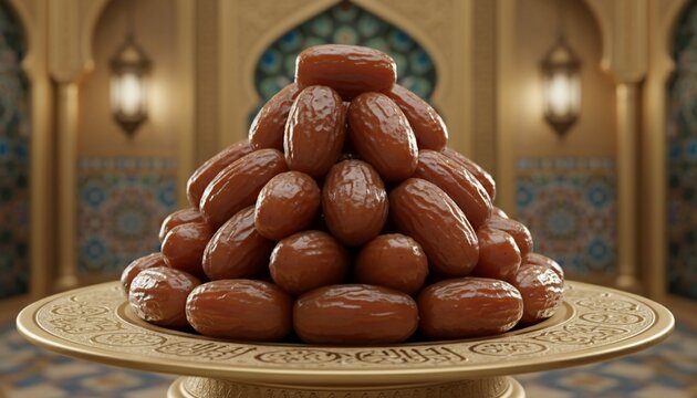 A Tower of Dates on an Ornate Plate for Ramadan.