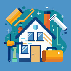 &ldquo;Flat style vector illustration of home renovation concept: paint roller, hammer, blueprint&rdquo;
