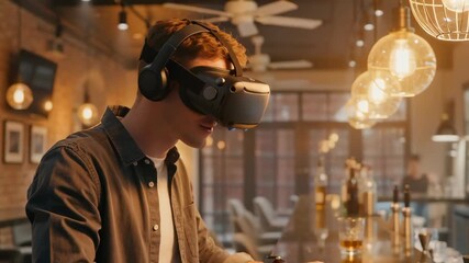 A young man wearing a virtual reality headset and headphones, interacting with digital elements at a stylish bar - Powered by Adobe