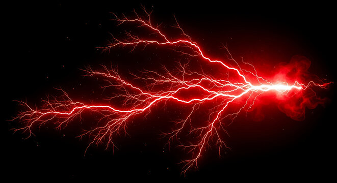 Striking red lightning bolt illuminating the dark sky, perfect for energy promotions, powerful tech visuals, and dramatic weather themes