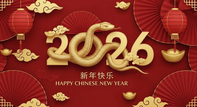 Chinese new year 2026 with snake zodiac and red fan decoration