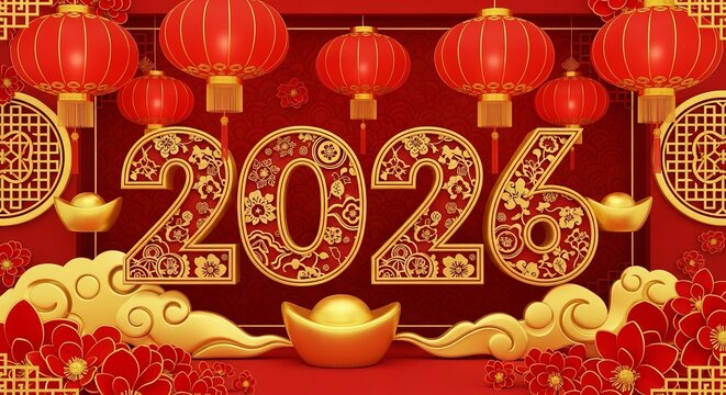 Chinese new year 2026 celebration with red lantern and gold ingot