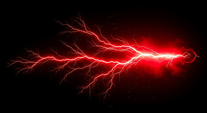 Striking red lightning bolt illuminating the night sky, a powerful design element for energy, technology, and electrifying concepts, igniting creativity and innovation