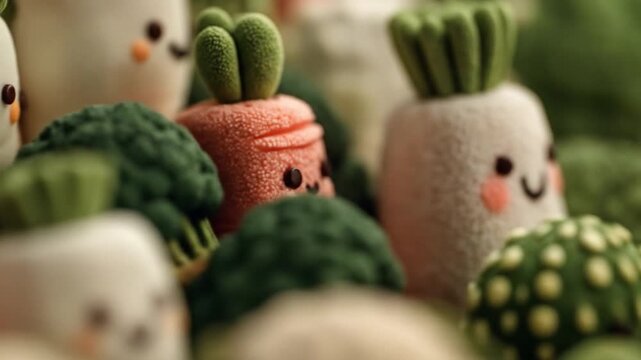 Playful vegetable characters with smiling faces in a whimsical composition