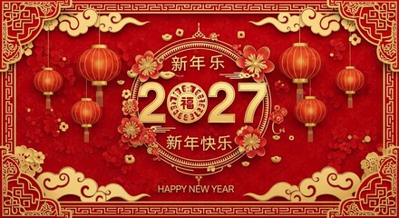Chinese new year 2027 greeting card with lantern and floral decoration