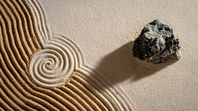 zen rock garden with raked sand patterns and meditation ambiance