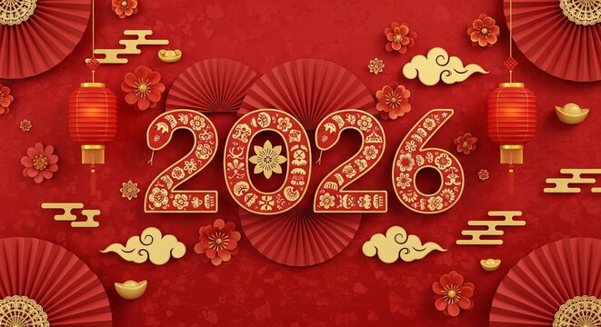 Chinese new year 2026 greeting with red fan and traditional ornament
