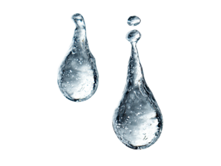 Two floating water droplets against a stark black background