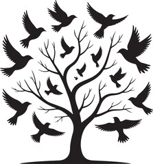 Silhouette of a bare tree with birds flying around it