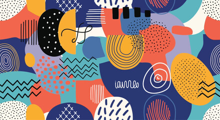Modern playful abstract seamless pattern featuring an artistic blend of hand-drawn geometric forms, organic shapes, dots, and squiggles in a vibrant color palette