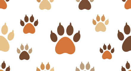 Fototapeta premium A charming seamless pattern of dog and cat paw prints in various shades of brown and orange, creating a playful and adorable animal-themed background